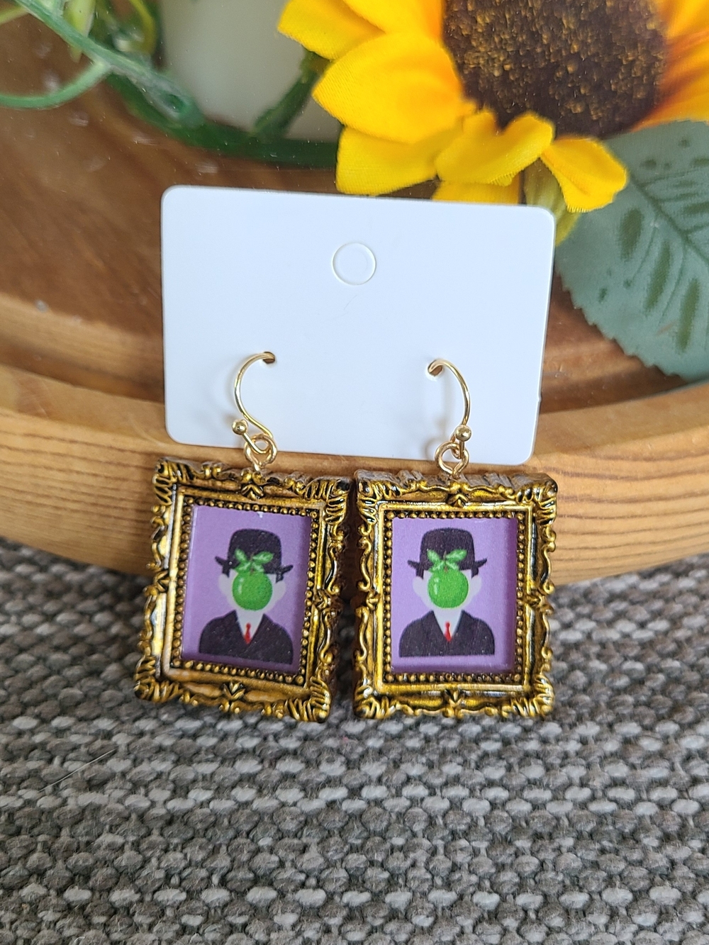 Gold Frame Surreal Green Bubble Portrait Earrings - Women Jewelry